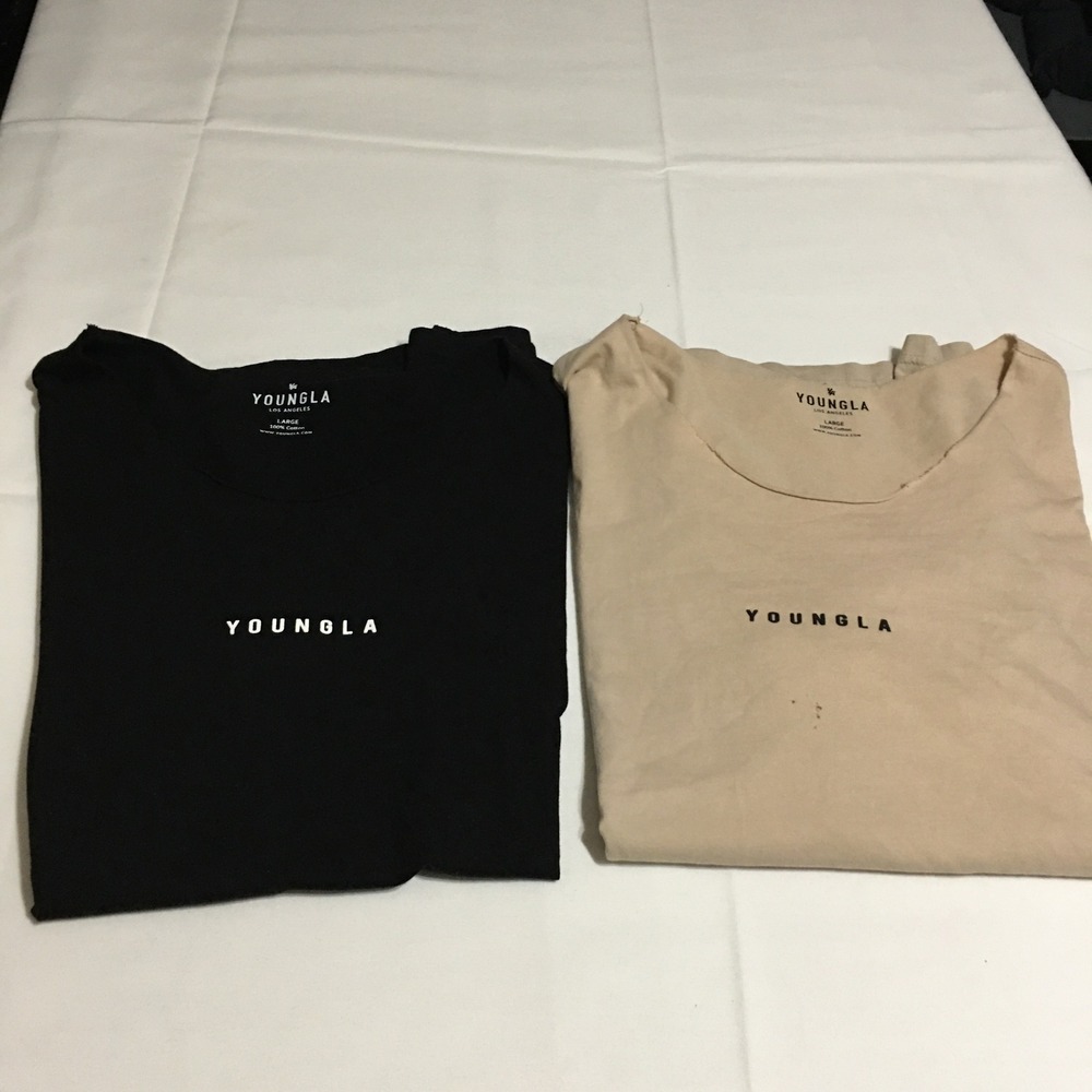 Lot of 2 YoungLA x Jerdani T-Shirt Mens Large Black Tan Raw Edge